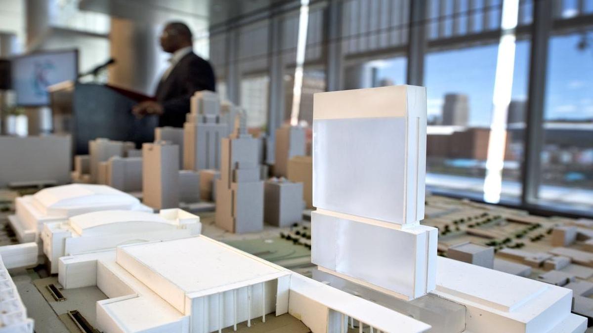 
Mayor Sly James formally announced the development of a 800-room hotel in May. A scale model of the hotel project sat near the speaker's podium.
