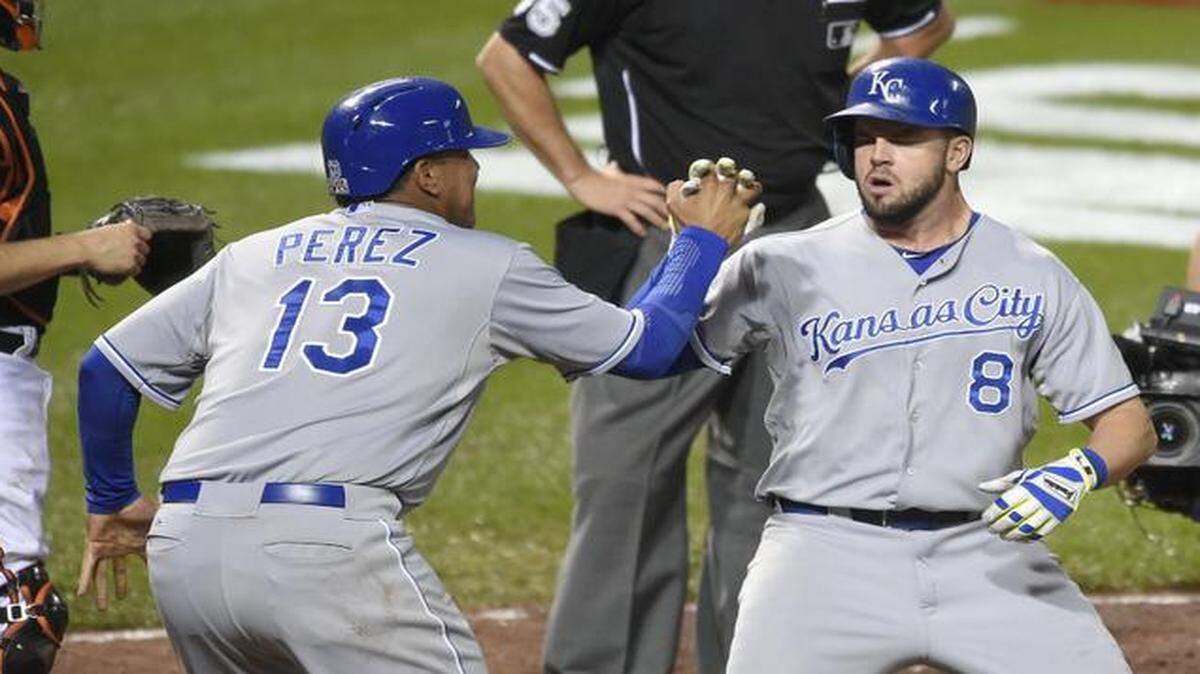 
Salvador Perez celebrated with Mike Moustakas after Moustakas hit a two-run homer in the 10th inning against the Baltimore Orioles in game one of the American League Championship Series.
