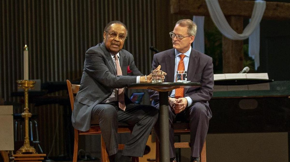 Adam Hamilton, senior pastor of Church of the Resurrection, right, recently interviewed Clarence Jones, speechwriter for Martin Luther King, Jr.