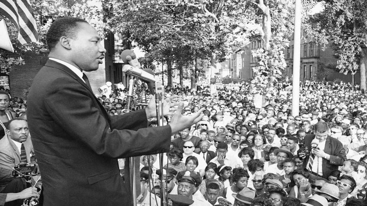 The Rev. Martin Luther King Jr. giving a speech in an undated photo.