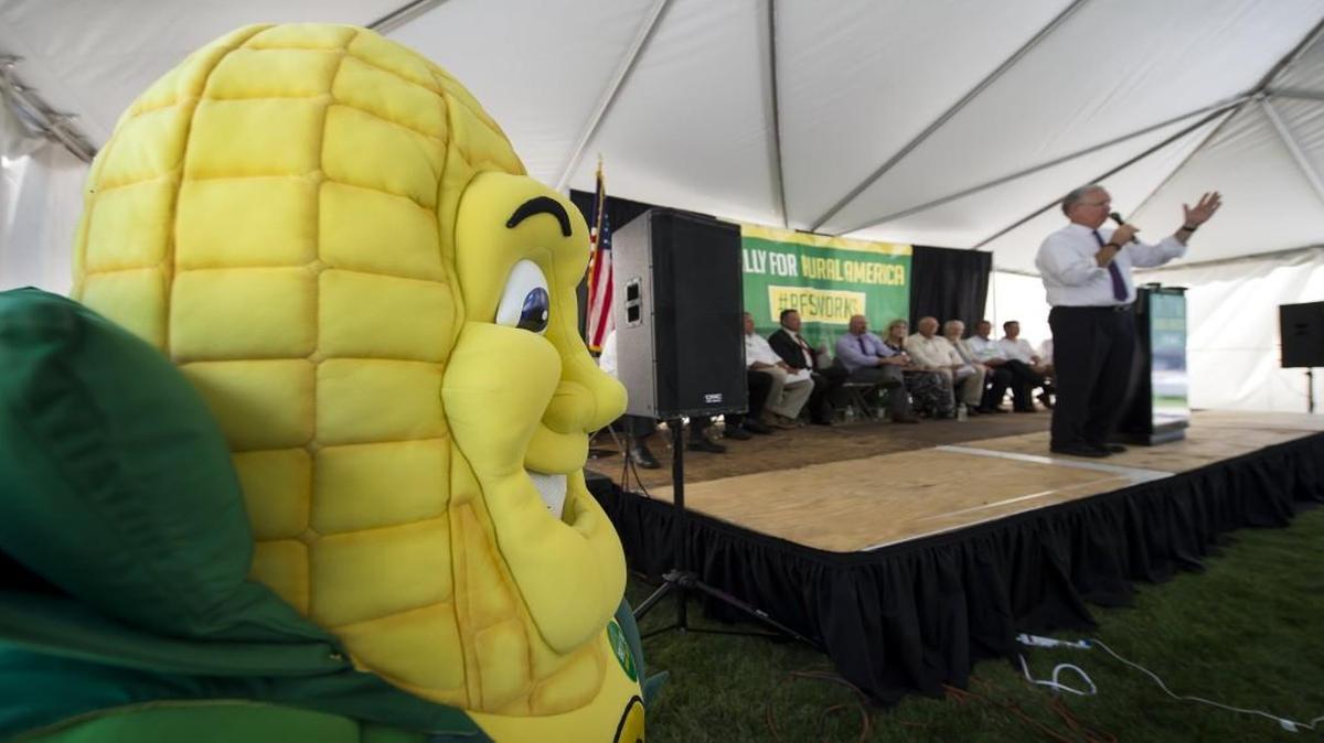 Cody Cliff with the Caldwell (Ky.) County FFA wore the costume of “Captain Cornelius,” left, as Missouri Gov. Jay Nixon, right, spoke in support of agriculture for ethanol production as a stimulus to the state. It was at a meeting of the National Corn Growers Association and its allies in downtown Kansas City, Kan. to testify at an EPA hearing about the continuation of programs that use corn for ethanol.