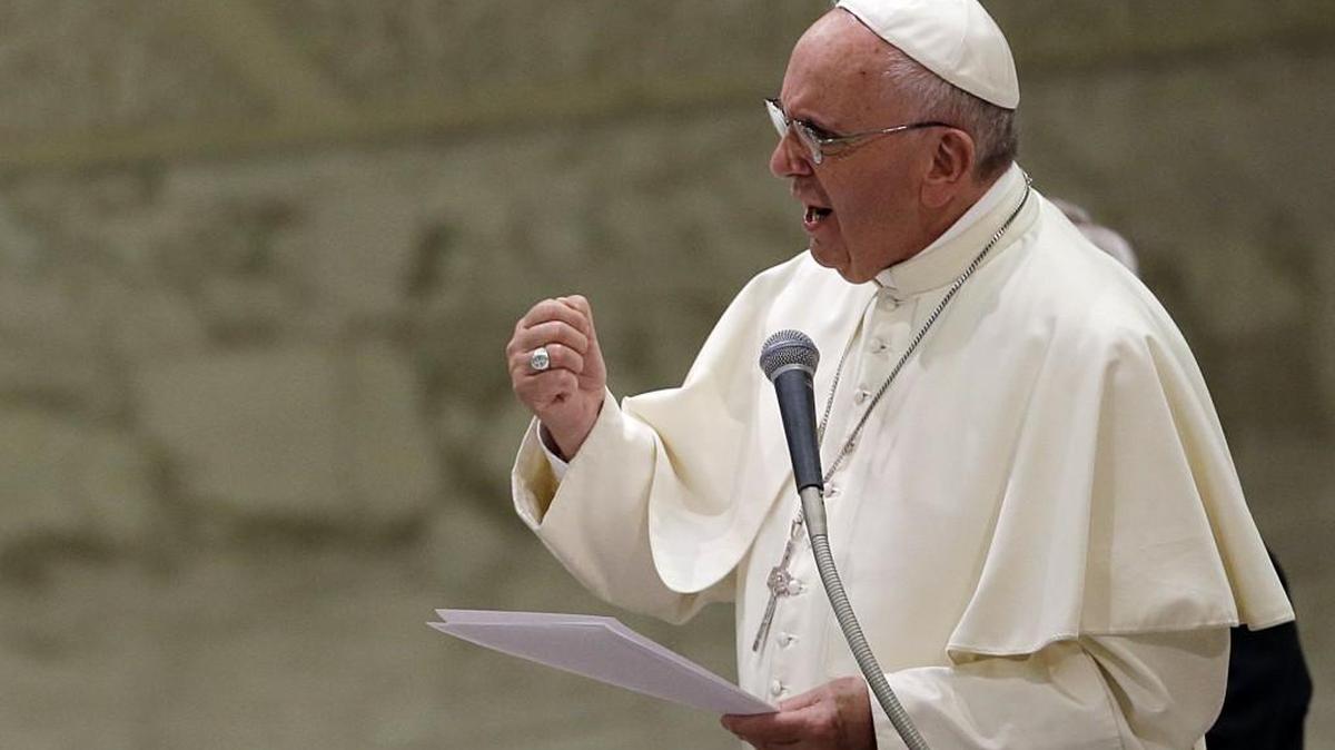 
Pope Francis speaks at the Vatican. Next week he’ll travel to Cuba, then the United States. 
