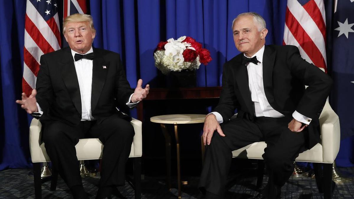 President Donald Trump meets with Australian Prime Minister Malcolm Turnbull aboard the USS Intrepid, a decommissioned aircraft carrier docked in the Hudson River in New York, Thursday, May 4, 2017.