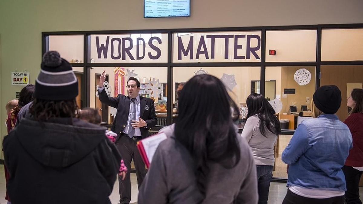 In this 2015 photo, Tony Kline, superintendent at University Academy in Kansas City, talked to parents about his school.