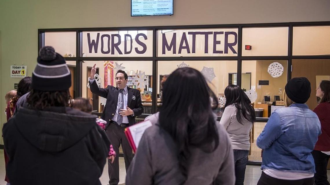 In this 2015 photo, Tony Kline, superintendent at University Academy in Kansas City, talked to parents about his school.