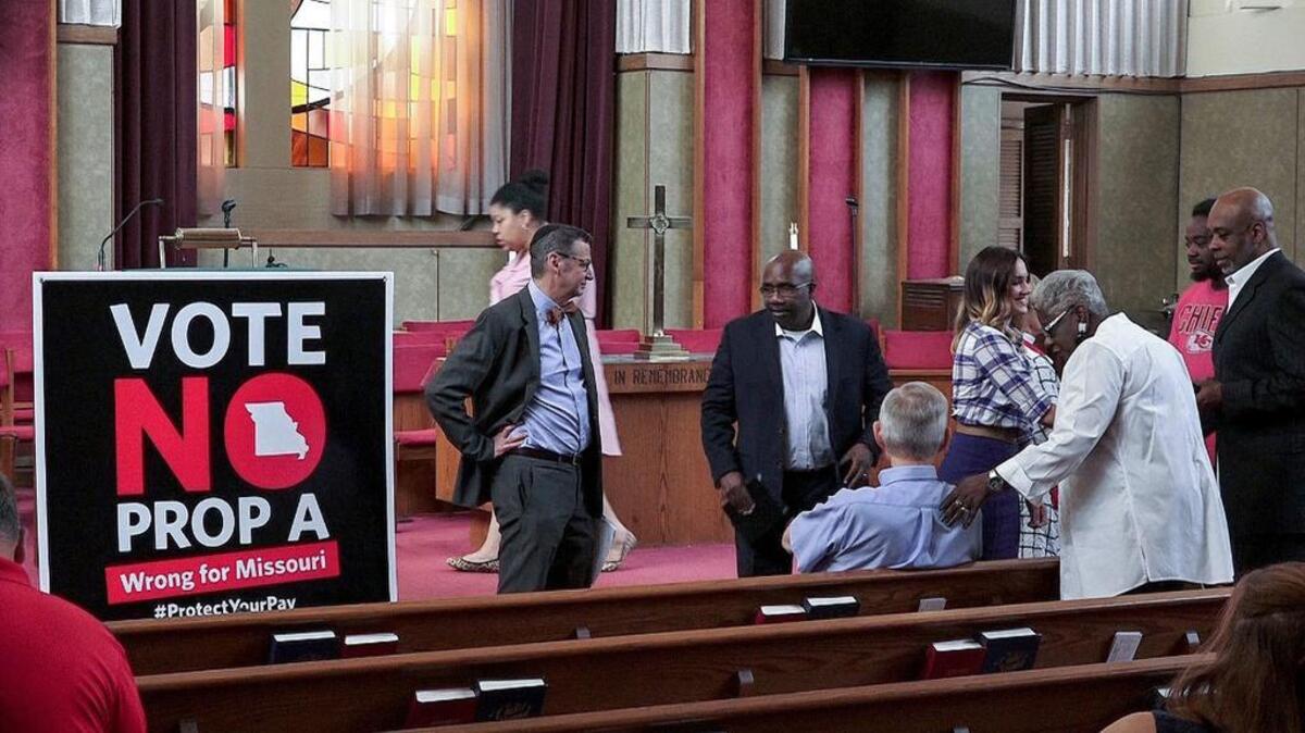 Church leaders gathered during the announcement by the Kansas City Chapter of the NAACP and clergy announcing their opposition to Proposition A on June 7, 2018, at Swope Parkway United Christian Church in Kansas City.
