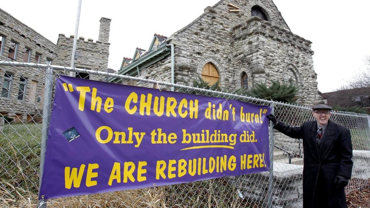 
Plans to rebuild Westport Presbyterian Church are coming together, said the Rev. Scott Myers, pictured in front of the fire-damaged building at 201 Westport Road.
