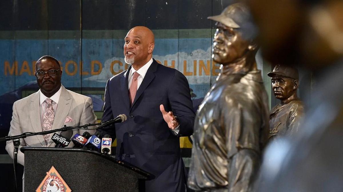 The Negro Leagues Baseball Museum in Kansas City received a $1 million donation from the Major League Baseball Players Association and Major League Baseball. The announcement was made at the museum Wednesday, June 21, 2017. MLBPA Executive Director Tony Clark (right) spoke in the museum’s Field of Dreams during the event as NLBM President Bob Kendrick listens.