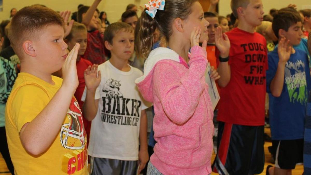 Students at McEowen Elementary in Harrisonville pledged to stand up to bullying.