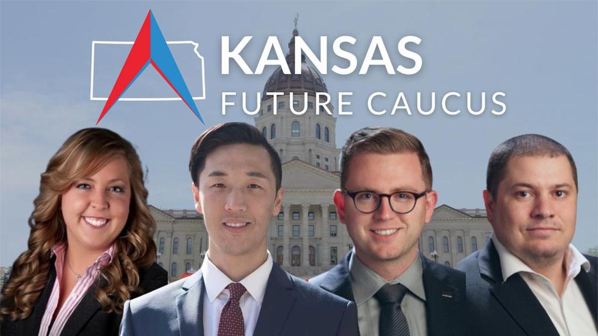 Kansas state Reps. Tory Marie Arnberger-Blew, Rui Xu, Brandon Woodard and Nick Hoheisel are members of the Kansas Future Caucus.