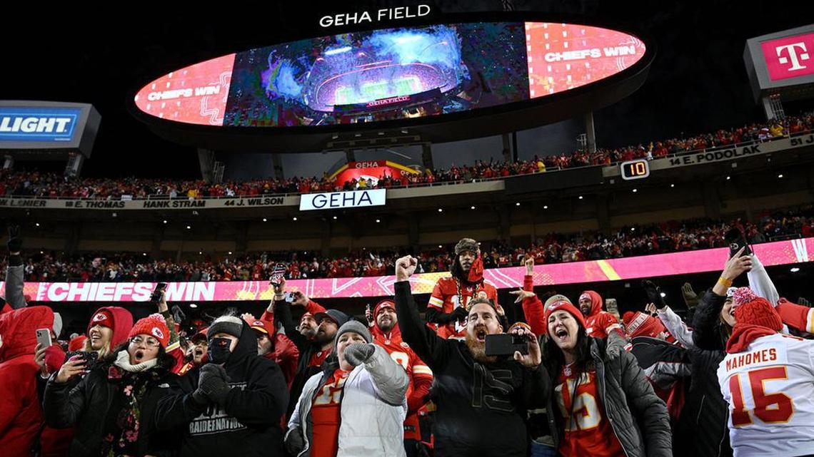Chiefs fans celebrate after the Kansas City Chiefs defeated the Buffalo Bills 42-36 in overtime in the AFC Divisional Playoff Game Sunday, Dec. 23, 2022 at GEHA Field at Arrowhead Stadium. The Chiefs advance to the AFC Championship Game.
