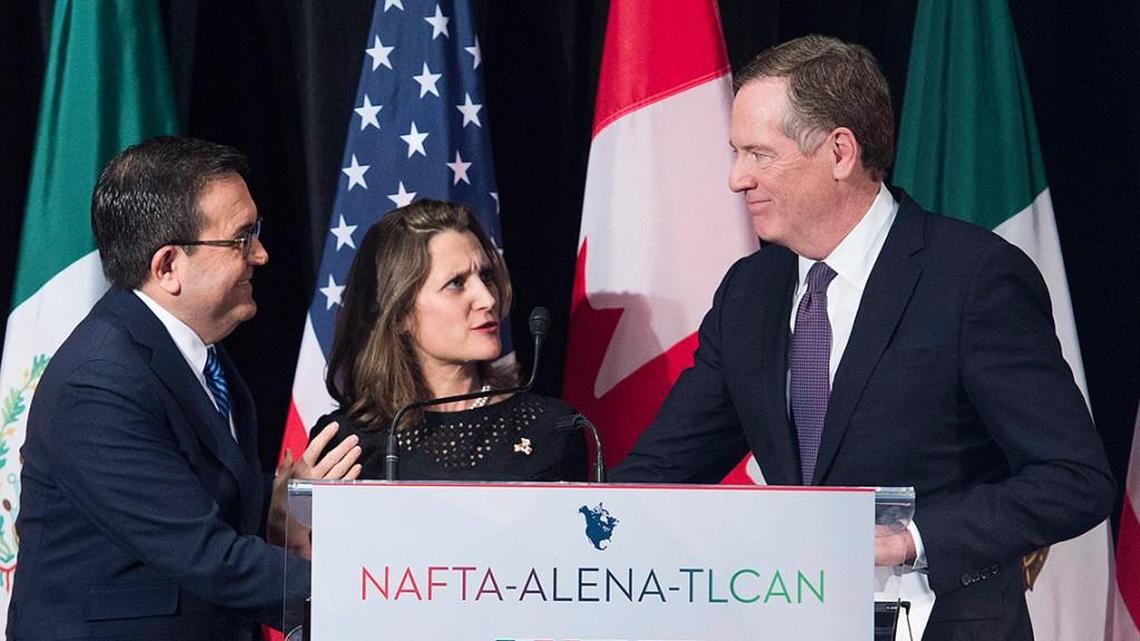 Foreign Affairs Minister Chrystia Freeland talks with United States Trade Representative Robert Lighthizer, right, and Mexico's Secretary of Economy Ildefonso Guajardo Villarreal after delivering statements to the media during the sixth round of negotiations for a new North American Free Trade Agreement in Montreal, Monday, Jan. 29, 2018.