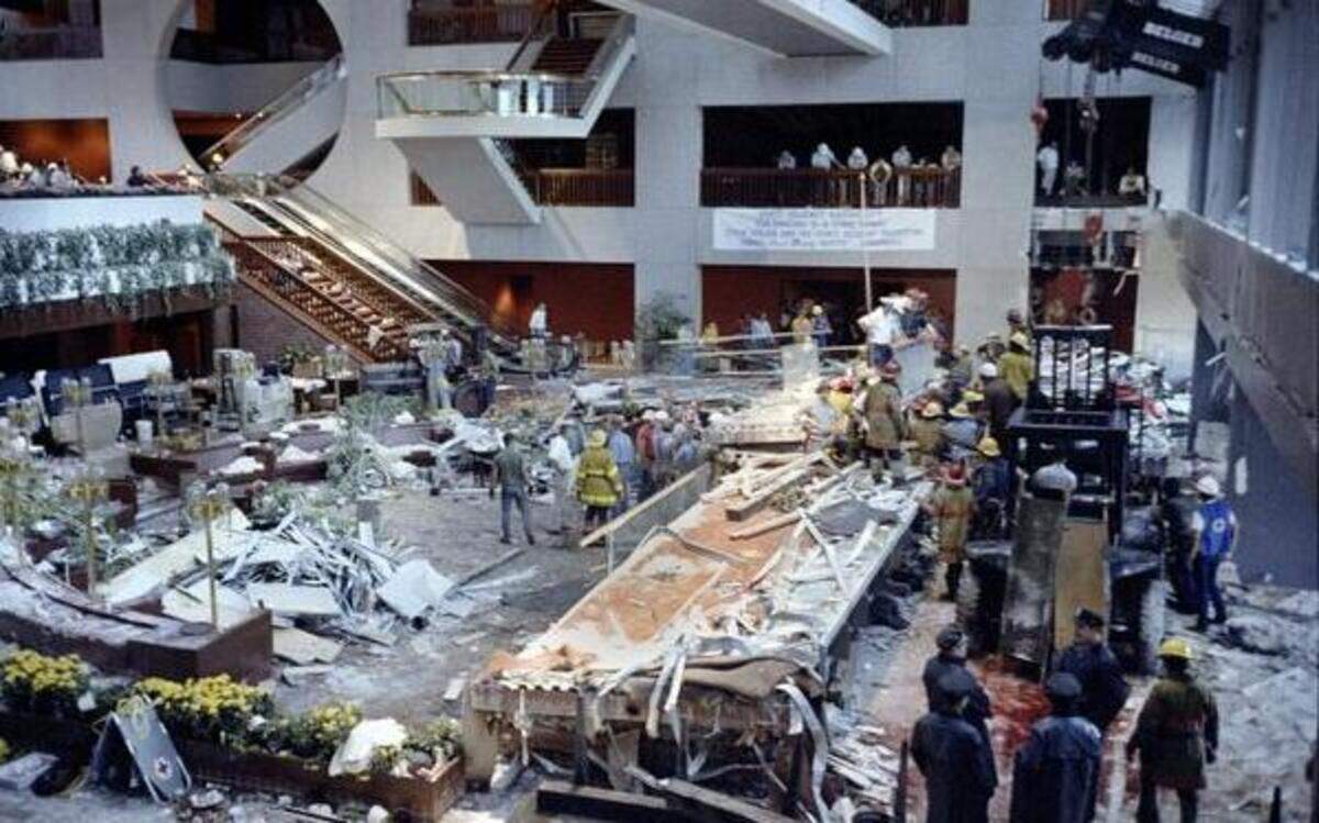 
The scene from inside the Hyatt hotel in Kansas City after the skywalk collapse in July 1981. 
