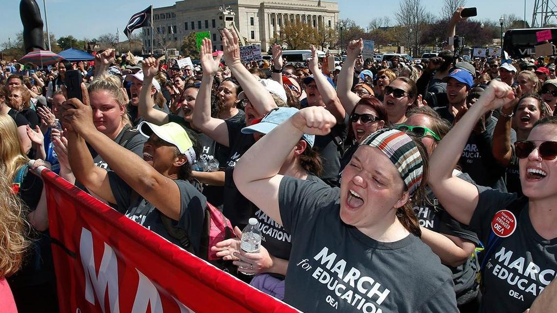 Teachers and supporters protest over school funding in Oklahoma City on April 10, 2018.