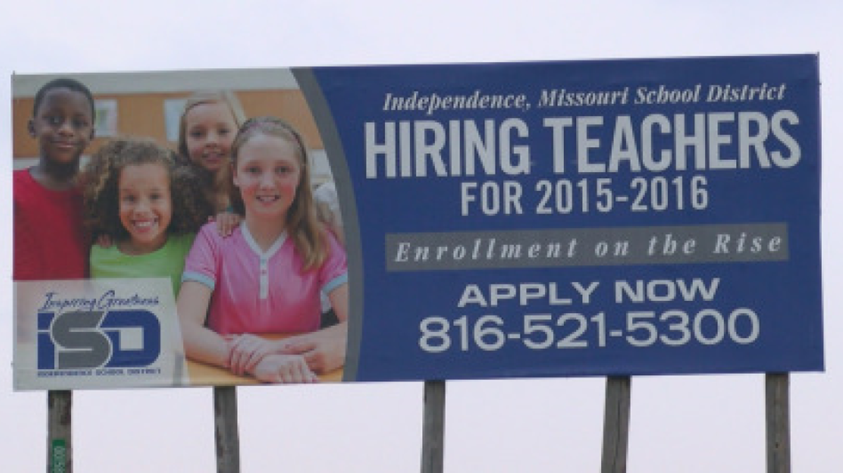 
Billboards along Kansas highways have been put up by the Independence, Mo., School District encouraging discouraged Kansas teachers to apply in the Kansas City area district.
