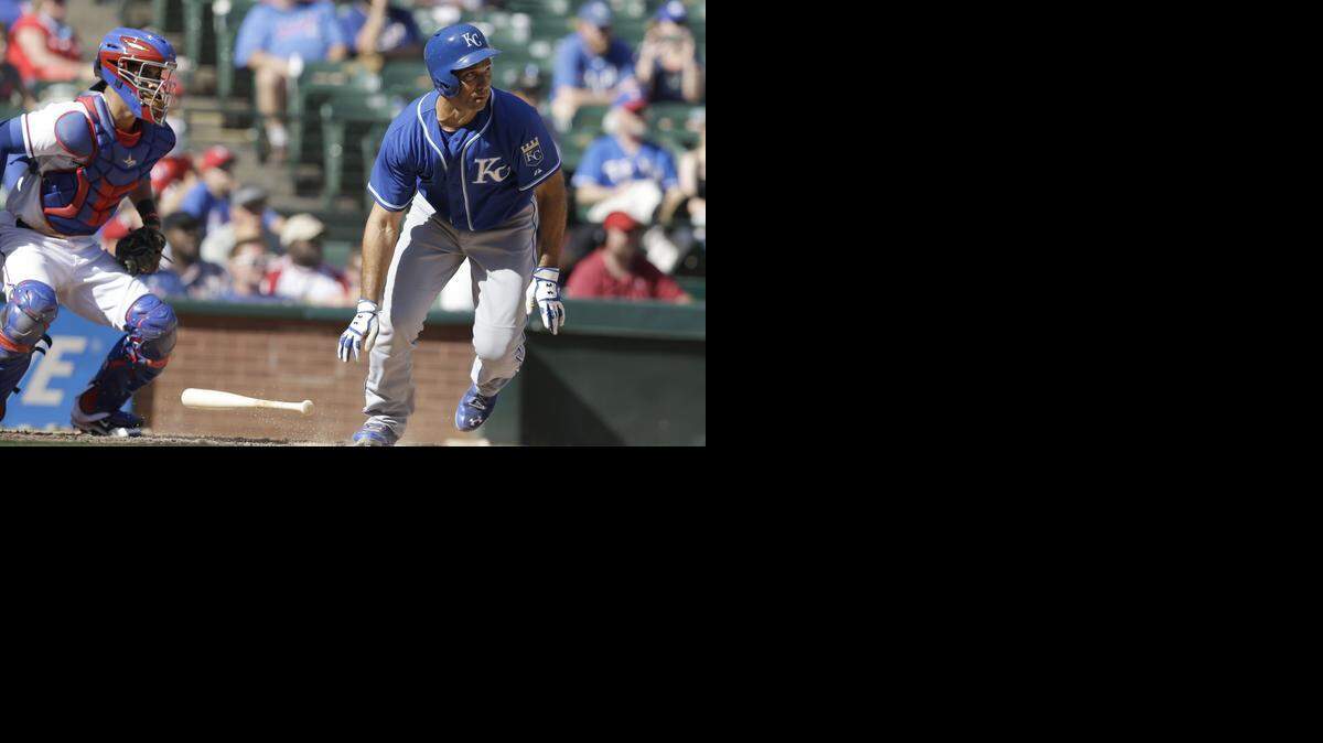 
The Royals’ Raul Ibanez (18) dropped his bat and watched the ball fly Sunday against the Rangers in Arlington, Texas.


