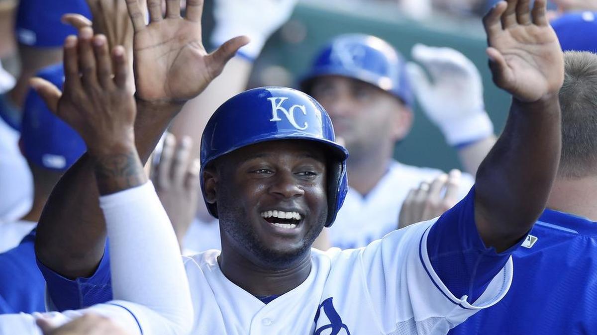 
The Royals' Lorenzo Cain celebrated scoring on a home run by designated hitter Kendrys Morales (25) against the Red Sox during Saturday’s baseball game at Kauffman Stadium.
