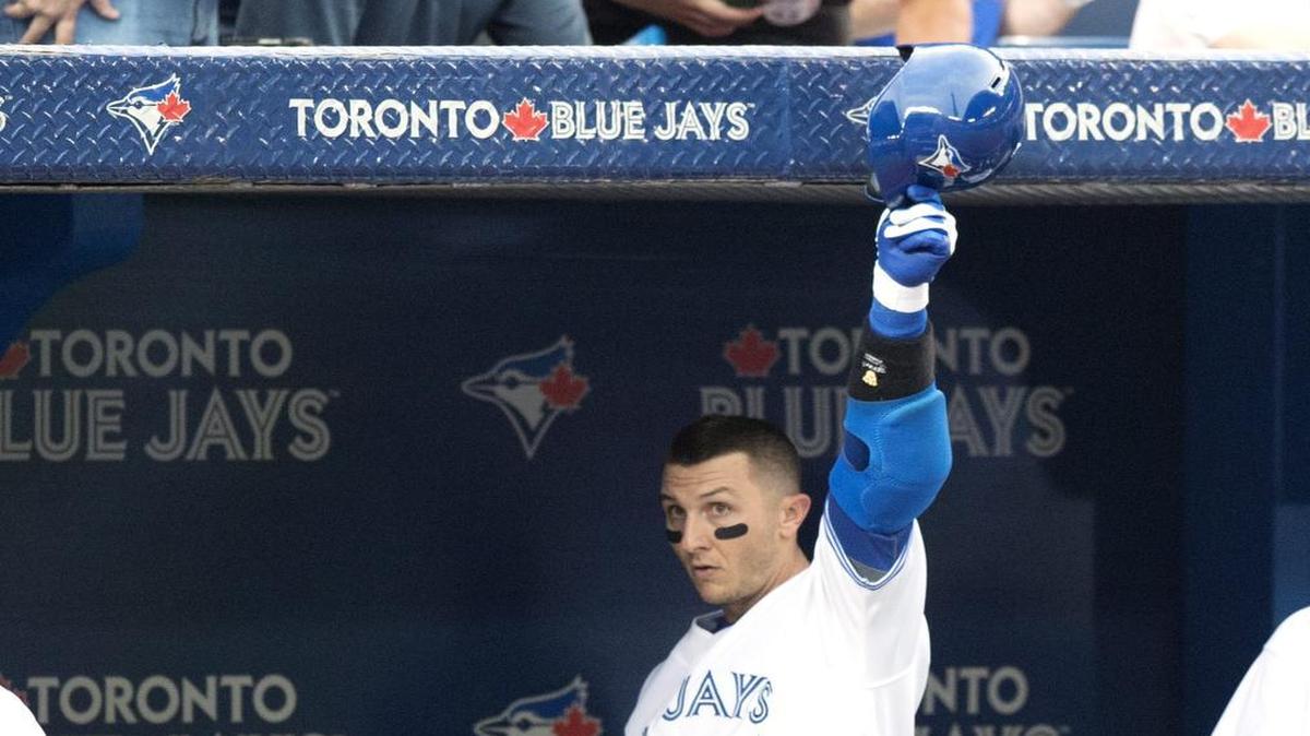 
Troy Tulowitzki of the Blue Jays tipped his helmet after hitting a two-run home run Wednesday.
