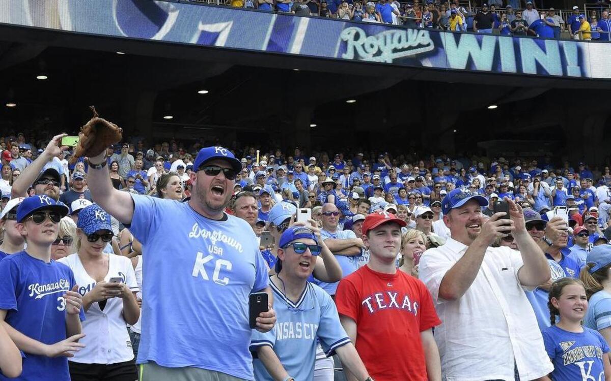 
Kansas City Royals fans chant “Salvy” as the postgame interview of Salvador Perez took place on the field after the Royals’ 4-3 win over the Texas Rangers on Sunday at Kauffman Stadium.
