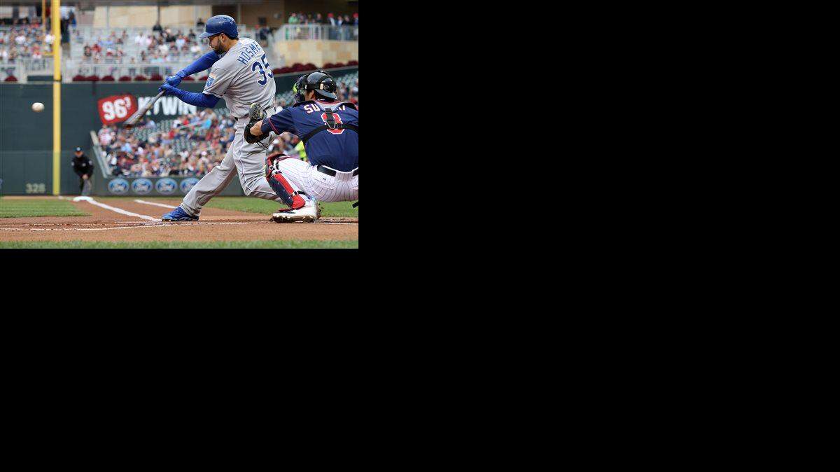 
Kansas City Royals' Eric Hosmer hits a single off Minnesota Twins pitcher Ricky Nolasco in the first inning of a baseball game, Tuesday, July 1, 2014, in Minneapolis.
