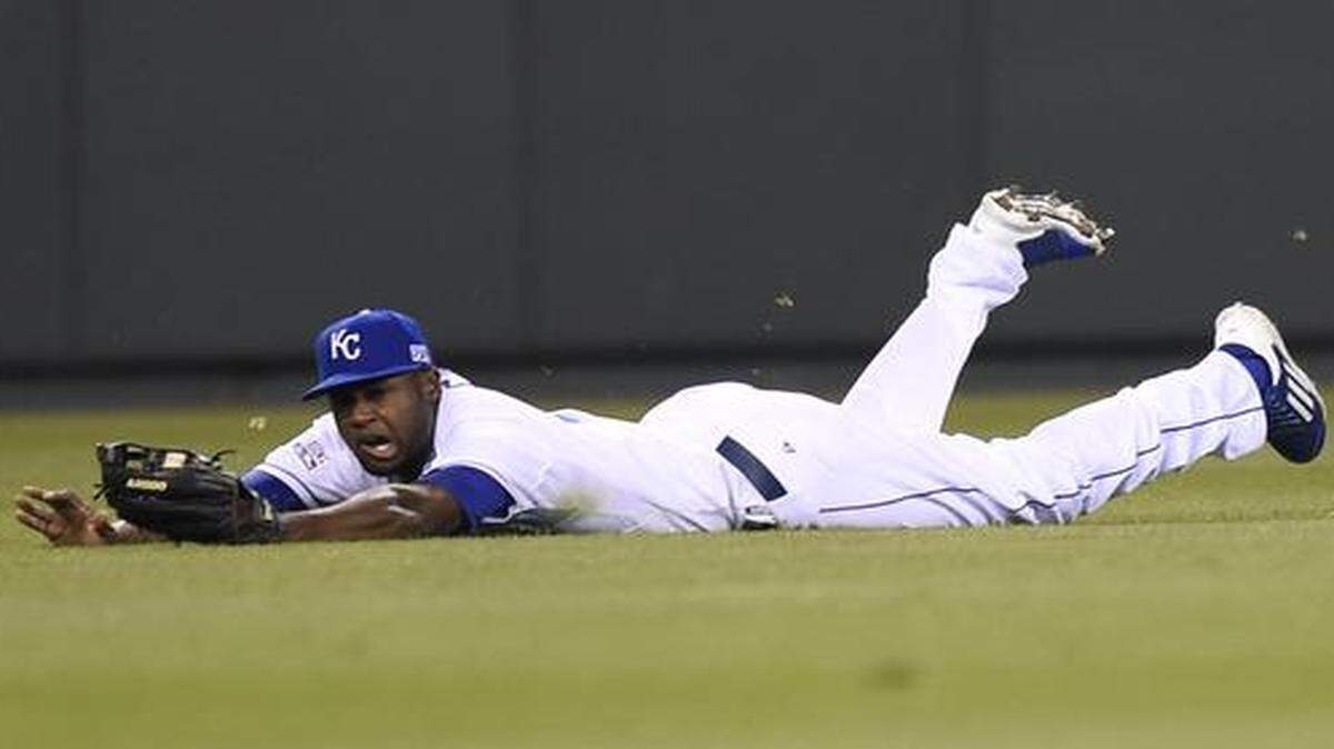 
The Royals’ Lorenzo Cain made a sliding catch from Los Angeles Angels Albert Pujols for an out during the fifth inning of the ALDS game on October 5 at Kauffman Stadium in Kansas City, Mo.
