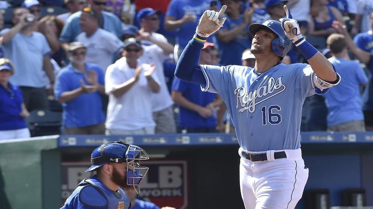 
Paulo Orlando celebrated his eighth-inning solo home run to break a 10-10 tie against the Toronto Blue Jays on July 12 at Kauffman Stadium in Kansas City, Mo.
