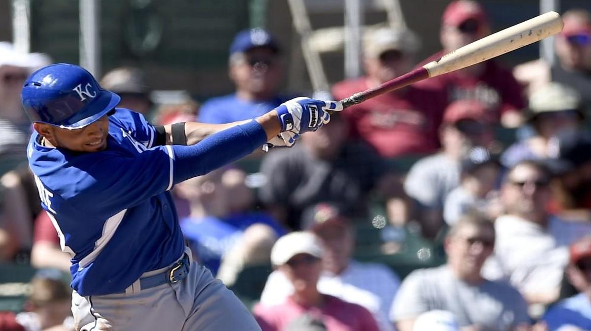 Royals second baseman Omar Infante hit a single during the Kansas City and Arizona Diamondbacks spring-training baseball game at Salt River Fields at Talking Stick last year in Scottsdale, Ariz.