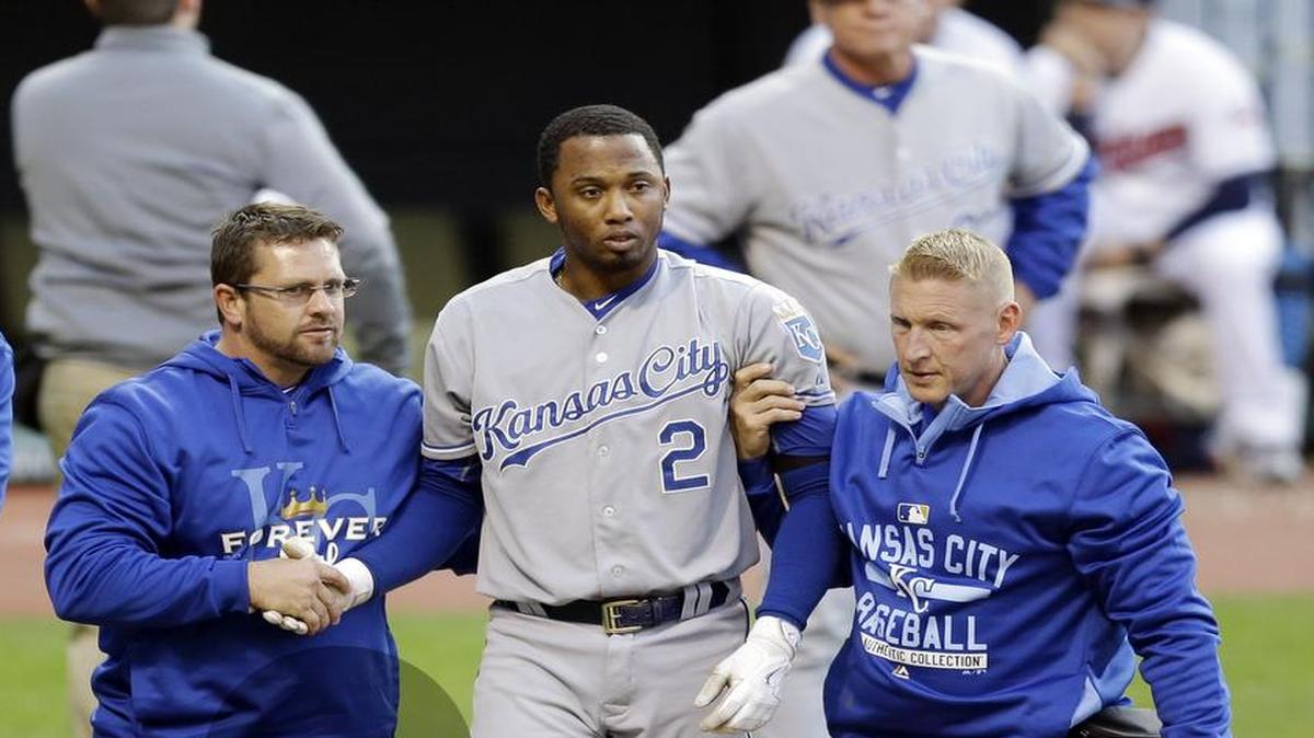 
Royals shortstop Alcides Escobar needed help walking off the field after he was hit by a pitch in the fifth inning against Cleveland on Wednesday.
