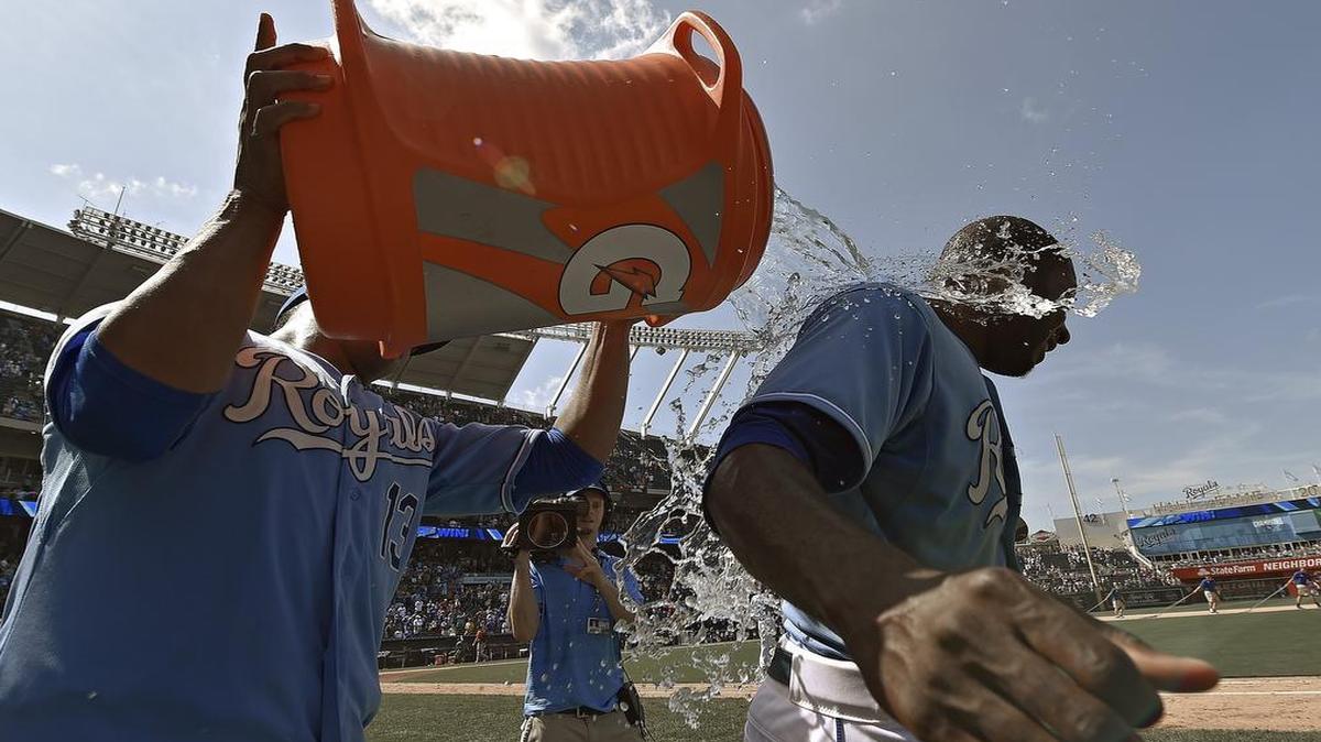 
Kansas City Royals catcher Salvador Perez doused Lorenzo Cain after a 5-1 win over the Houston Astros last month.
