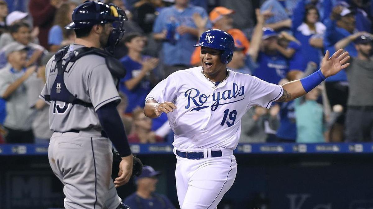 
Kansas City Royals third baseman Cheslor Cuthbert scored in front of Tampa Bay Rays catcher Curt Casali on a three-run double by Alcides Escobar in the sixth inning during a baseball game on July 7 at Kauffman Stadium in Kansas City, Mo.
