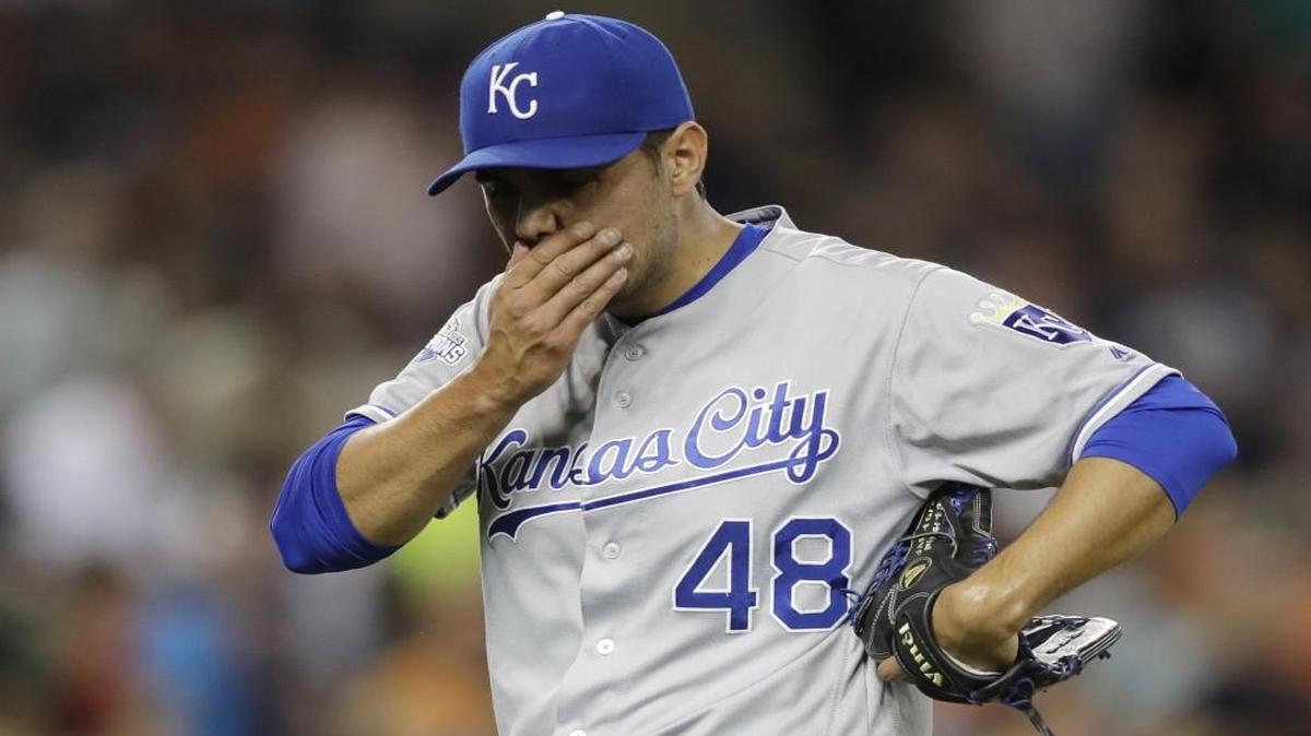 Kansas City Royals relief pitcher Joakim Soria reacted after giving up a two-run single to Detroit Tigers designated hitter Victor Martinez.