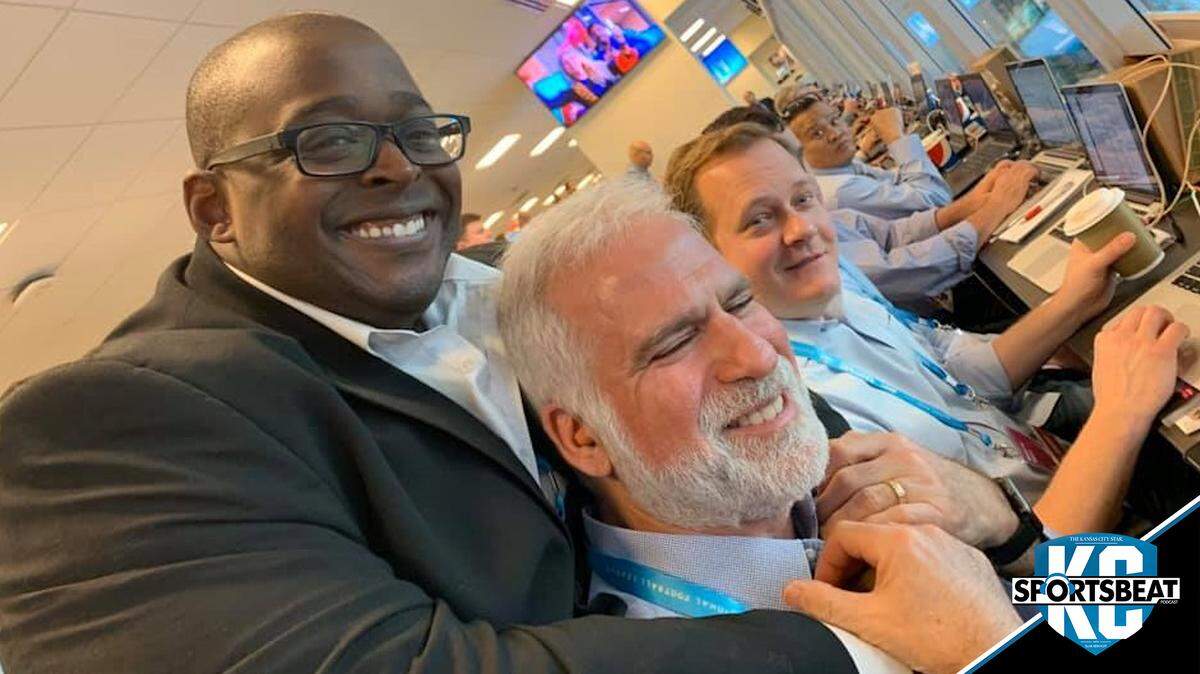At home in the press box at Super Bowl LIV in Miami in February 2020, Terez Paylor, left, jokes around with Vahe Gregorian, Sam Mellinger and other members of The Star’s contingent on hand to cover the Chiefs’ championship victory over the 49ers.