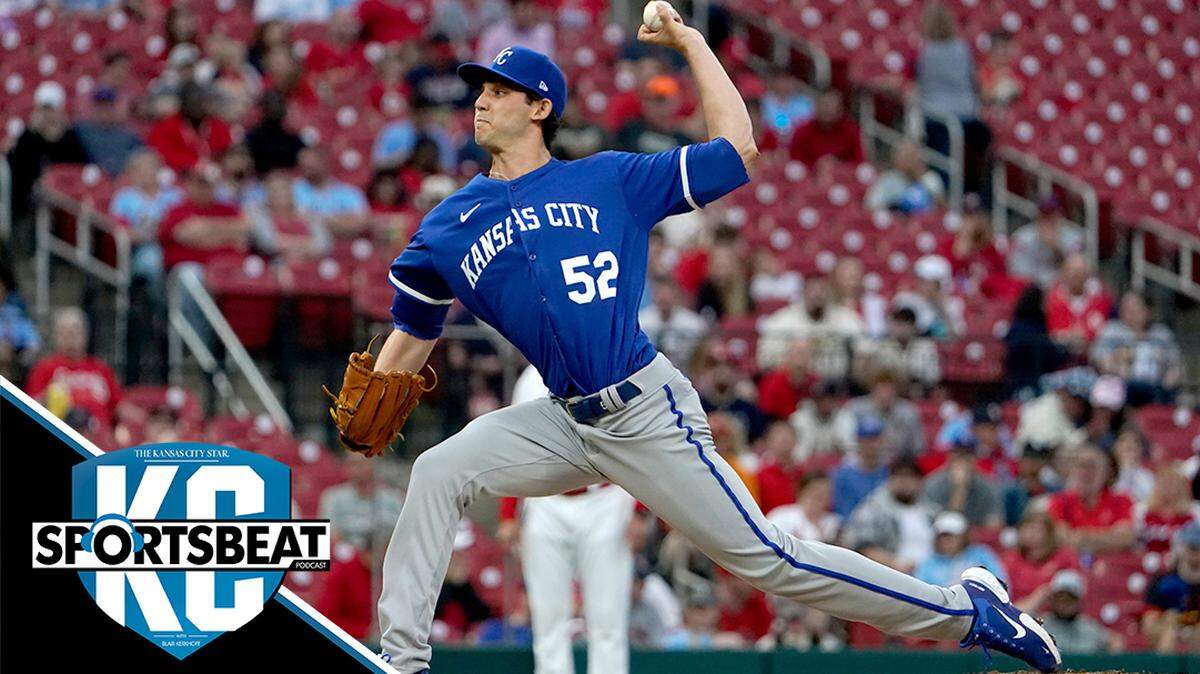 Kansas City Royals starting pitcher Daniel Lynch throws during the first inning of a baseball game against the St. Louis Cardinals Tuesday, April 12, 2022, in St. Louis. (AP Photo/Jeff Roberson)