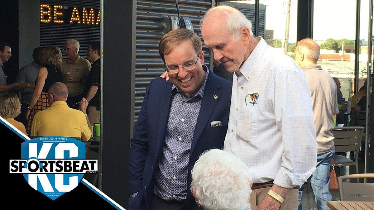 Missouri football coach Eli Drinkwitz with Phil Snowden, who quarterbacked the Tigers to national prominence in the late 1950s, at the Tiger Takeover at Chicken N Pickle in North Kansas City on Tuesday, May 18, 2021