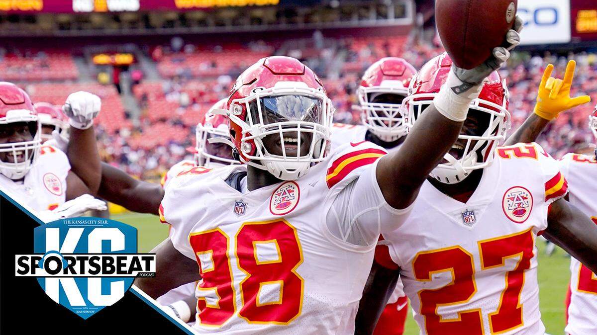 Kansas City Chiefs defensive end Tershawn Wharton (98) holds up the football as he celebration his interception against the Washington Football Team during the second half of an NFL football game, Sunday, Oct. 17, 2021, in Landover, Md. Chiefs won 31-13. (AP Photo/Alex Brandon)