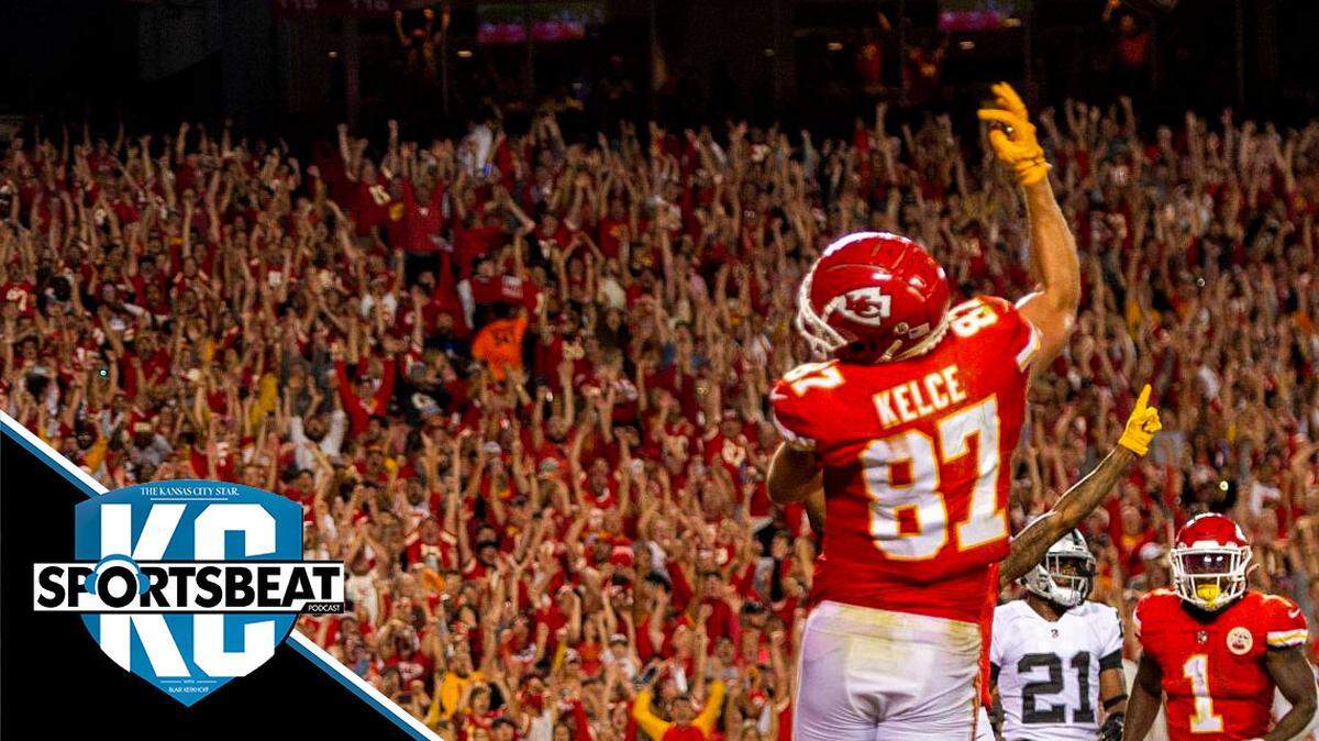 Kansas City Chiefs tight end Travis Kelce tossed the ball up after he made a catch for a touchdown in the third quarter against the Las Vegas Raiders at Arrowhead Stadium on Monday, Oct. 10, 2022.