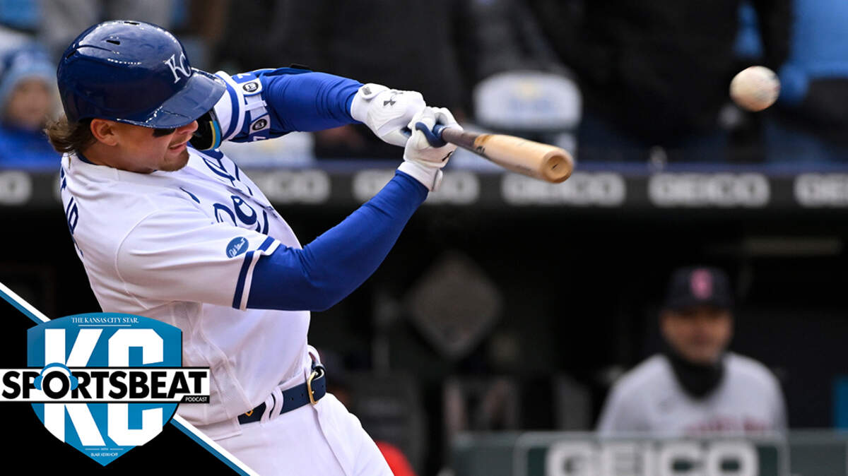 Kansas City Royals’ Bobby Witt Jr. hits an RBI double against the Cleveland Guardians during the eighth inning of a baseball game Thursday, April 7, 2022, in Kansas City, Mo. (AP Photo/Reed Hoffmann)