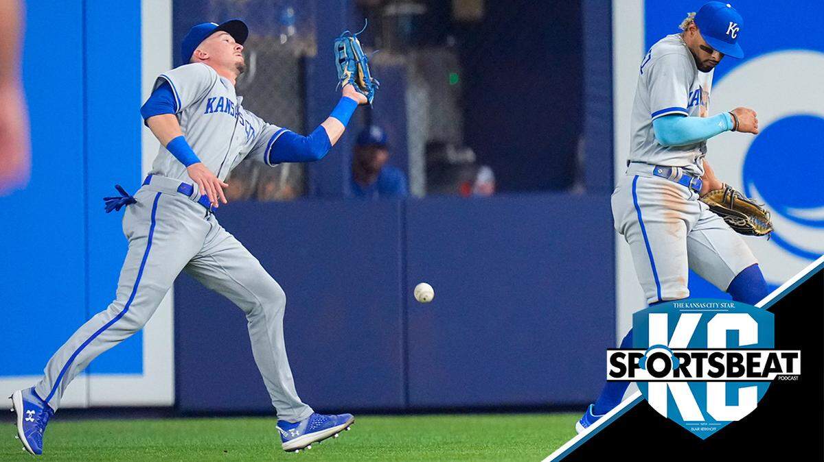 Jun 5, 2023; Miami, Florida, USA; Kansas City Royals center fielder Drew Waters (6) drops a catch as Kansas City Royals right fielder MJ Melendez (1) moves out of the way against the Miami Marlins during the fifth inning at loanDepot Park. Mandatory Credit: Rich Storry-USA TODAY Sports