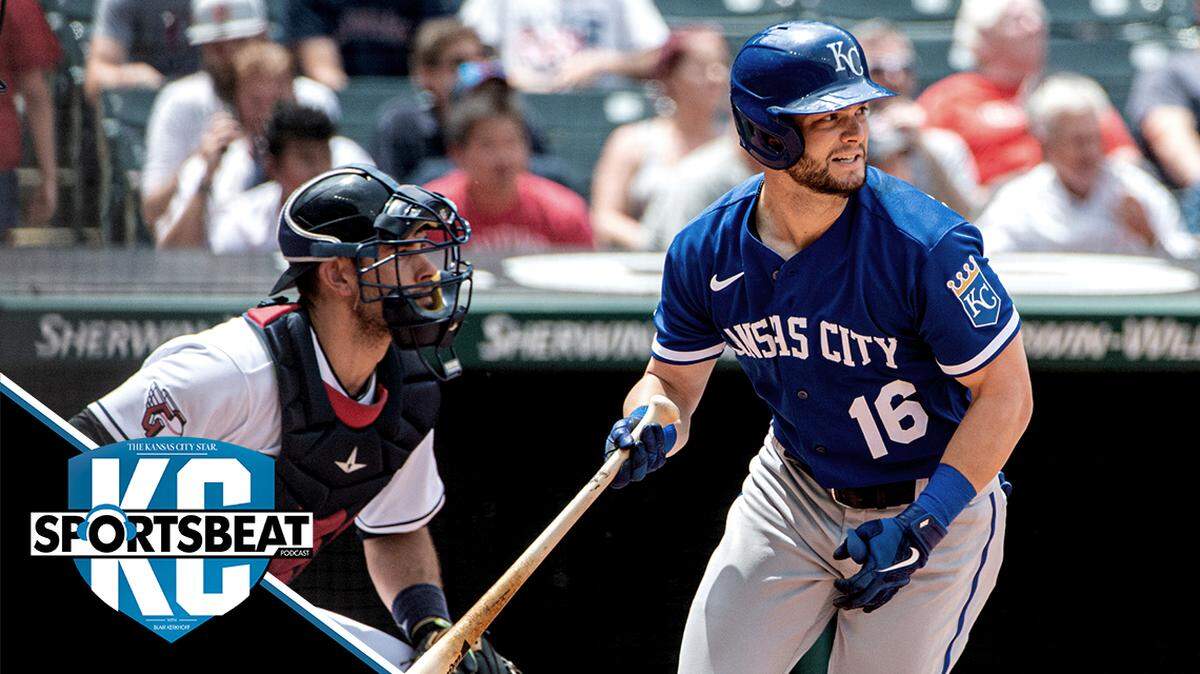 Kansas City Royals’ Andrew Benintendi watches his hit with Cleveland Guardians catcher Luke Maile during the third inning of a baseball game in Cleveland, Tuesday, June 1, 2022. (AP Photo/Phil Long)