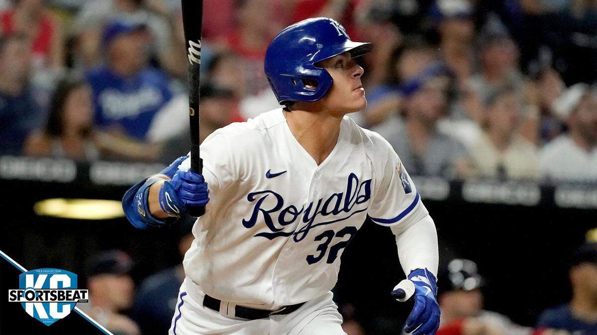 Kansas City Royals’ Nick Pratto, watches his walk-off home run during the ninth inning of a baseball game against the Boston Red Sox Saturday, Aug. 6, 2022, in Kansas City, Mo. The Royals won 5-4. (AP Photo/Charlie Riedel)