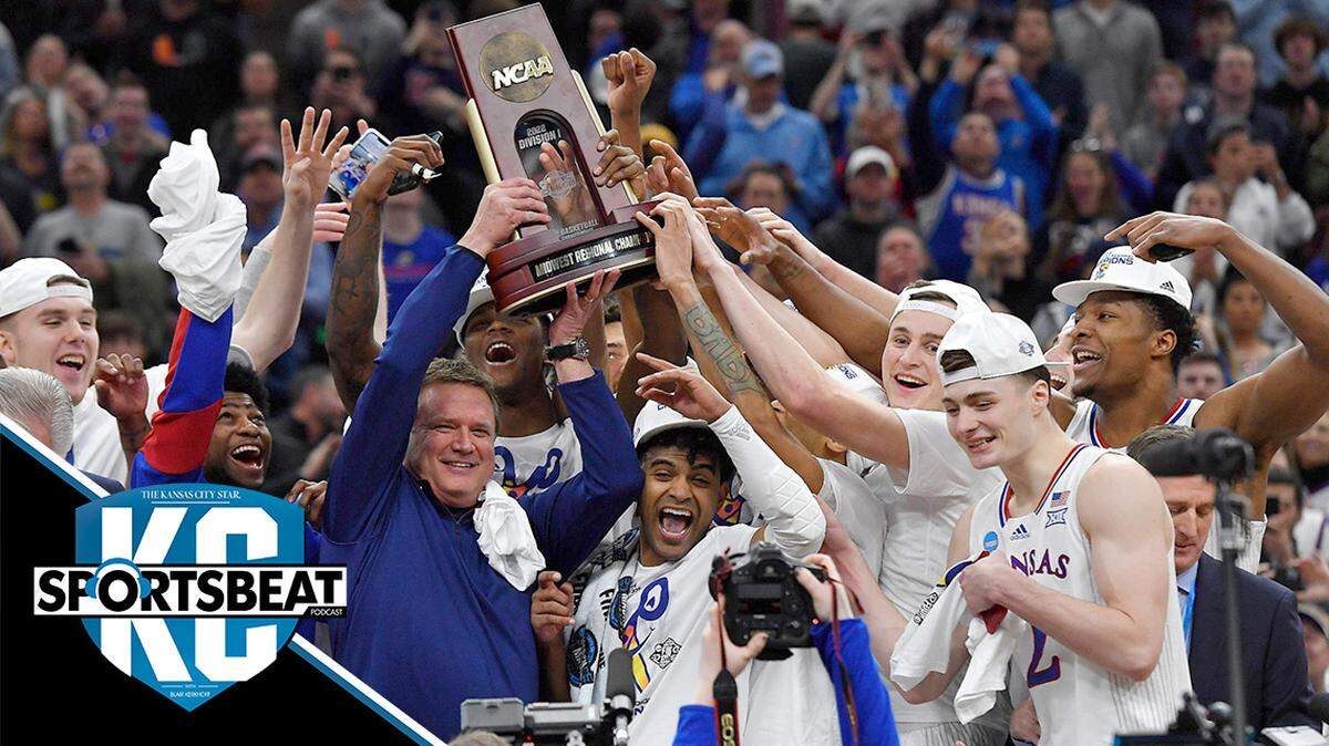 Coach Bill Self and the Kansas Jayhawks raised the NCAA Midwest Regional championship trophy after defeating Miami 76-50 on Sunday at the United Center in Chicago.