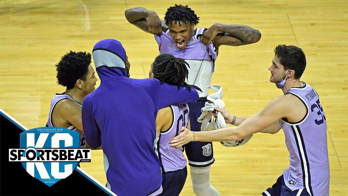Kansas State basketball players Nijel Pack (left), DaJuan Gordon (top), Joe Petrakis (right) and Seryee Lewis (bottom) celebrate a victory over Oklahoma with Mike McGuirl at Bramlage Coliseum.