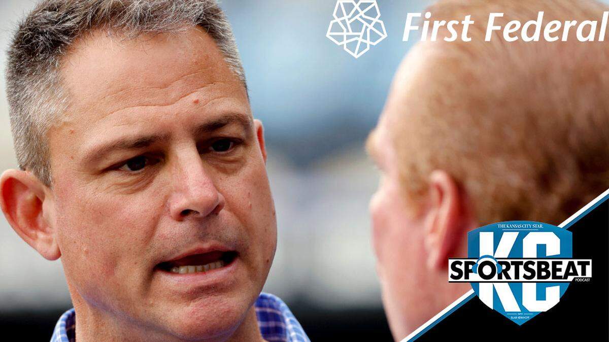 Kansas City Royals General Manager Dayton Moore, left, talks with Royals’ TV broadcaster Rex Hudler, right, during batting practice before a baseball game against the Houston Astros in Kansas City, Mo., Saturday, June 4, 2022. (AP Photo/Colin E. Braley)