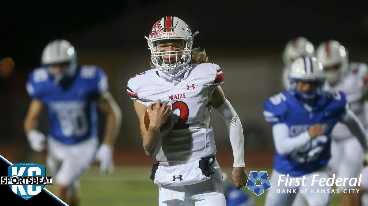 Maize quarterback Avery Johnson runs for a long touchdown during the first half of their game against Kapaun Mt. Carmel on Friday. Maize won 22-21 to earn a spot in next week’s 5A state championship game.