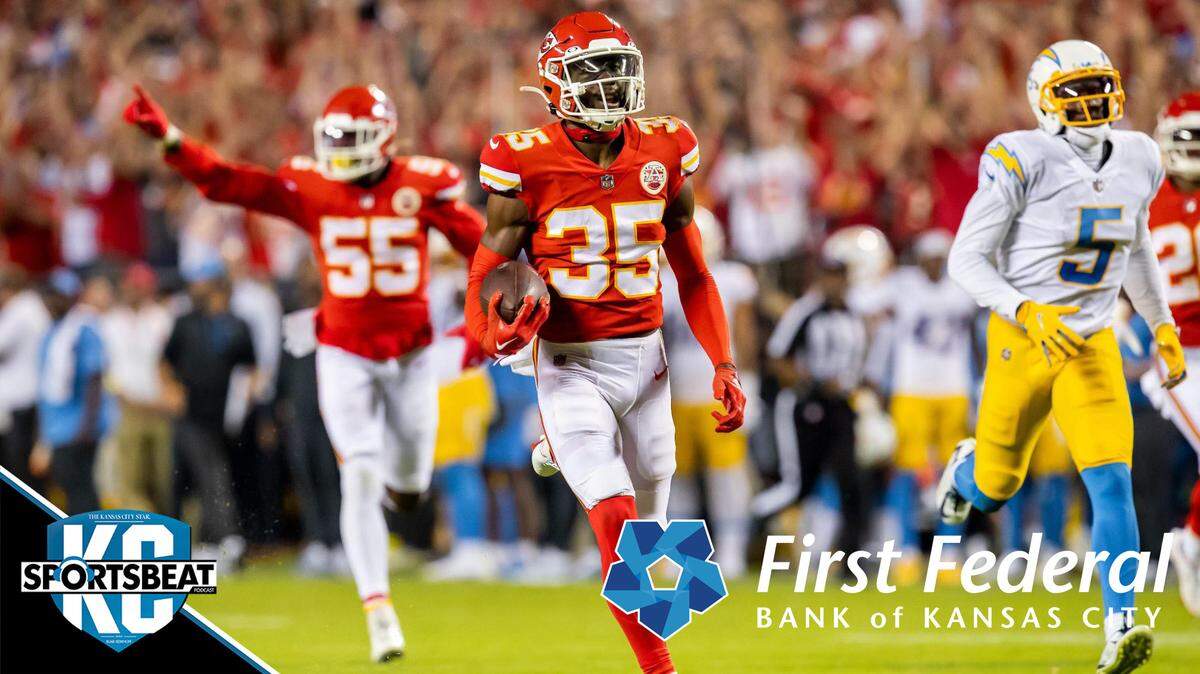 Kansas City Chiefs cornerback Jaylen Watson (35) intercepts the ball on his way for a pick six during the home opener game between the Kansas City Chiefs and the LA Chargers on Thursday September 15, 2022 at Arrowhead Stadium in Kansas City, Missouri