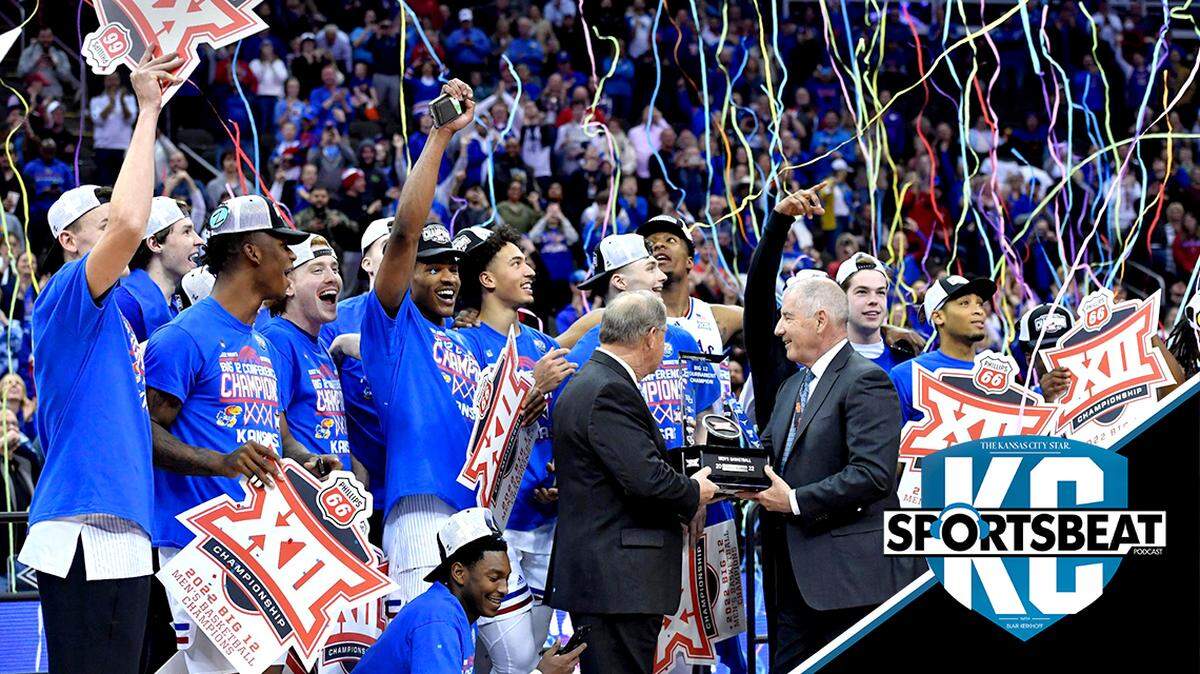 The Kansas Jayhawks celebrate after beating Texas Tech 74-65 to win the Big 12 Tournament championship Saturday at the T-Mobile Center in Kansas City.
