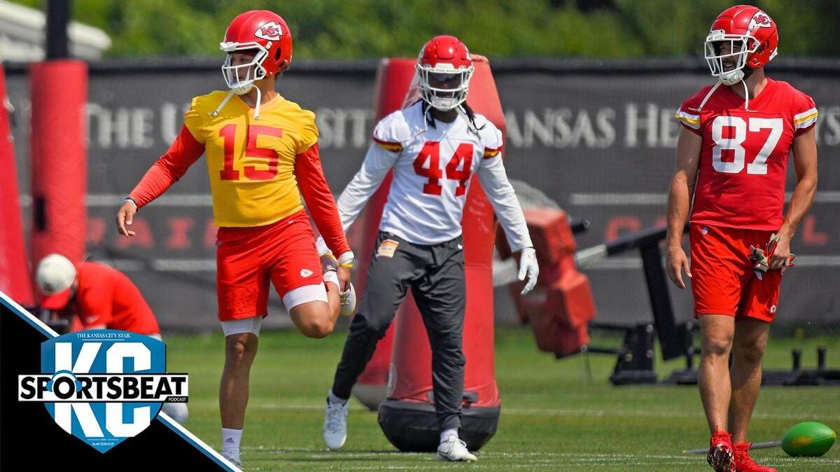 Chiefs quarterback Patrick Mahomes (15), linebacker Cam Jones (44) and tight end Travis Kelce (87) stretch during OTAs on Wednesday, May 24, 2023, at the Chiefs Training facility in Kansas City.