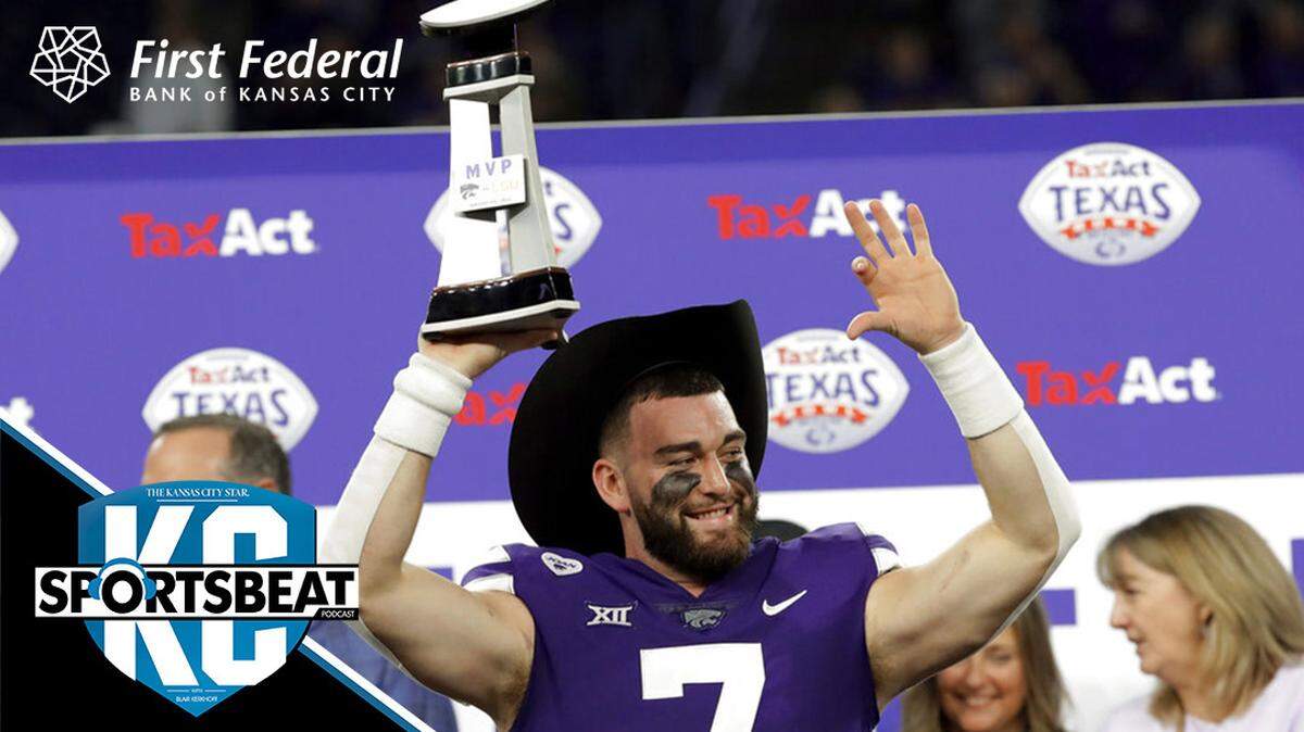 Kansas State quarterback Skylar Thompson hoists the MVP trophy after the team’s 42-20 win over LSU in the Texas Bowl NCAA college football game Tuesday, Jan. 4, 2022, in Houston. (AP Photo/Michael Wyke)