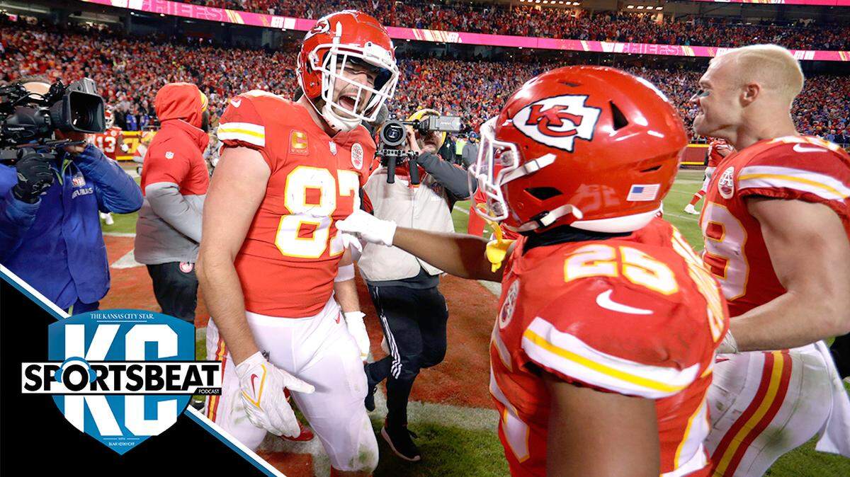Kansas City Chiefs tight end Travis Kelce (87) celebrates with teammate Clyde Edwards-Helaire (25) after catching an 8-yard touchdown pass during overtime in an NFL divisional round playoff football game against the Buffalo Bills, Sunday, Jan. 23, 2022, in Kansas City, Mo. The Chiefs won 42-36. (AP Photo/Colin E. Braley)