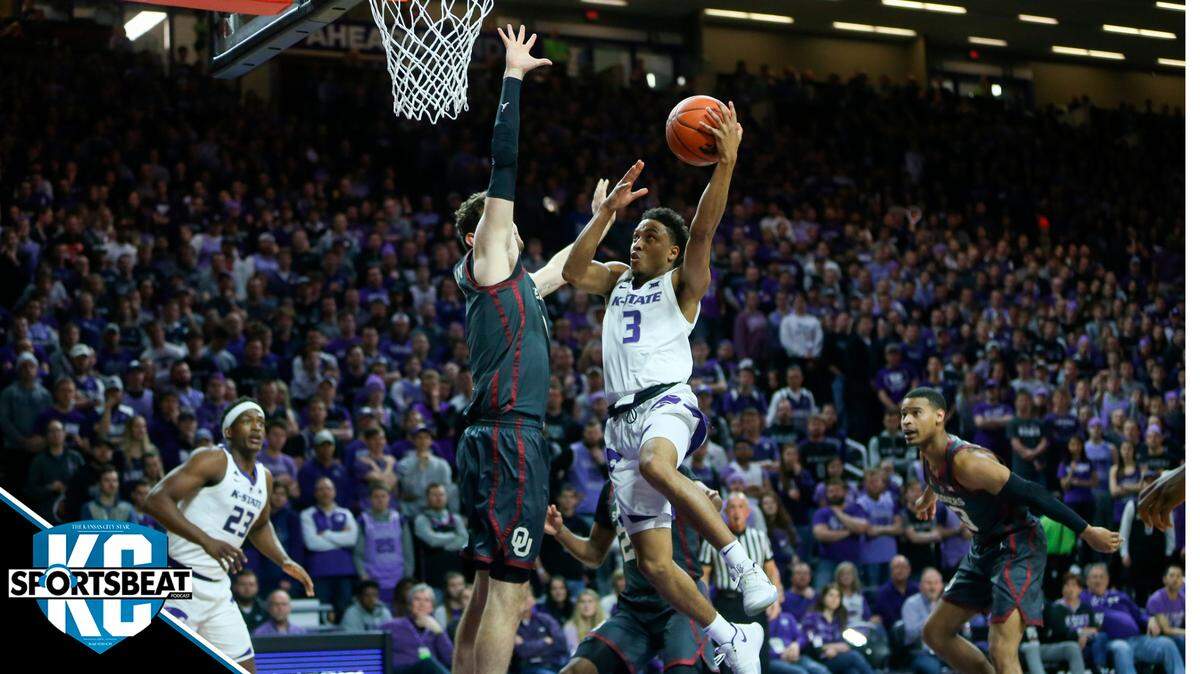 Kansas State guard Kamau Stokes goes to the basket against Oklahoma forward Brady Manek during the second half of their game at Bramlage Coliseum on Saturday.